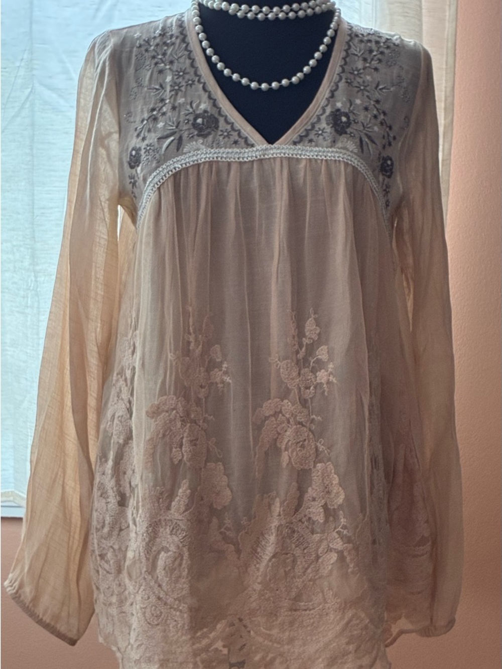 Altar’d State Bohemian Embroidered Sheer Tunic Top - Beige - Size M - NWOT